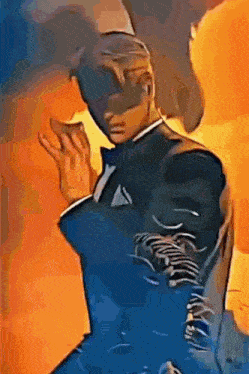 a painting of a man in a tuxedo standing in front of flames