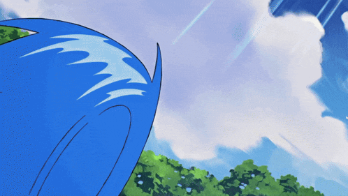 a cartoon drawing of a blue bird against a blue sky with clouds