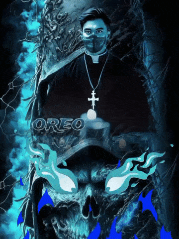 a painting of a priest and a skull with the word oreo on the bottom