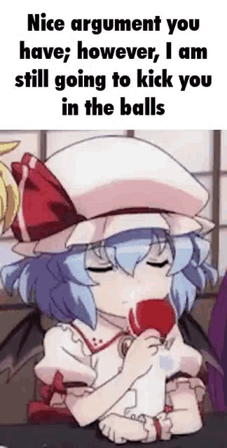 a girl in a hat is drinking from a cup and says nice argument you have ; however i am still going to kick you