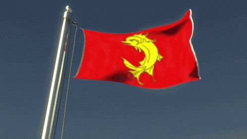 a red and yellow flag with a fish on it