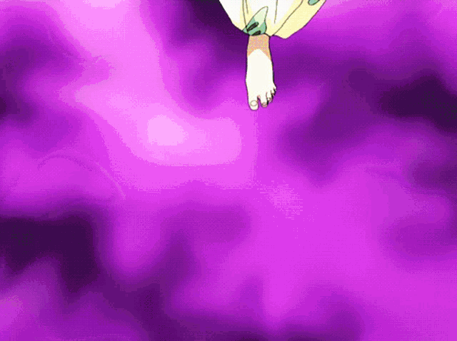 a purple background with a person 's feet in the air
