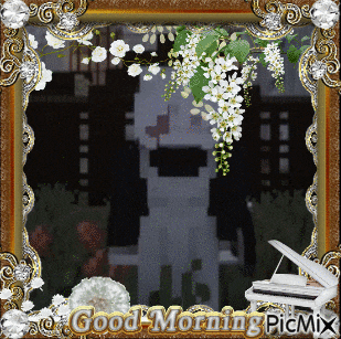 a picture frame with flowers and the words good morning picmix on it