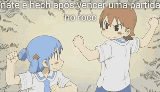 a cartoon of two boys fighting with the words nate e hech após vencer uma partida no roce below them