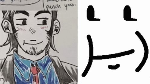 a drawing of a man in a suit and tie next to a drawing of a face that says " punch you "