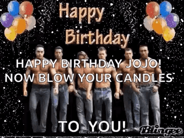 a group of men are standing next to each other with balloons and candles .