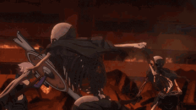a skeleton is fighting another skeleton with a sword .