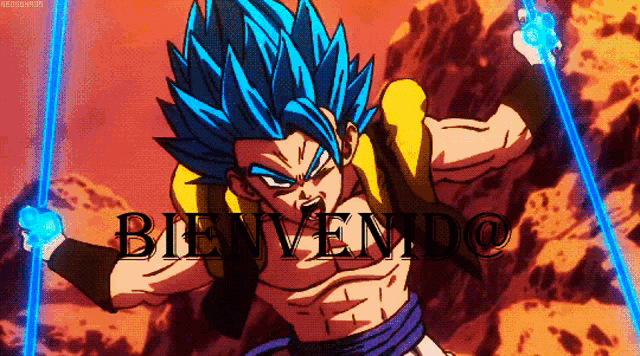 a cartoon of a man with blue hair and the words bienvenido above him