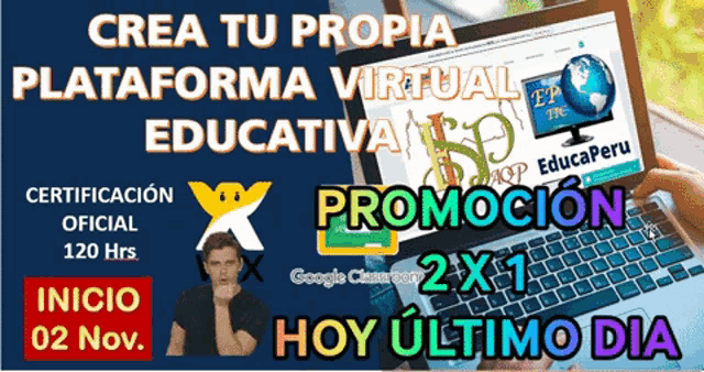 a person is holding a laptop with the words " crea tu propia plataforma virtual educativa " on it