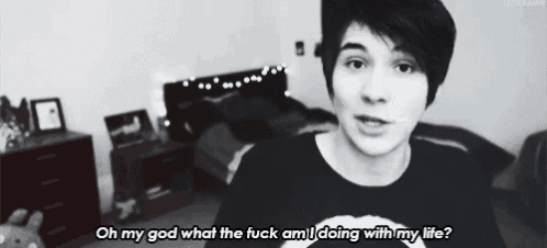 a black and white photo of a young man with the words " oh my god what the fuck am i doing with my life "