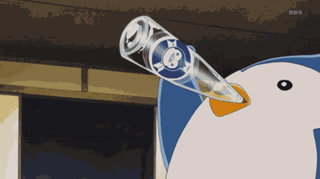 a cartoon penguin is holding a bottle with a fish on it