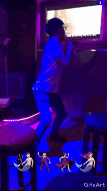 a person singing into a microphone in a dark room with a gifs art watermark