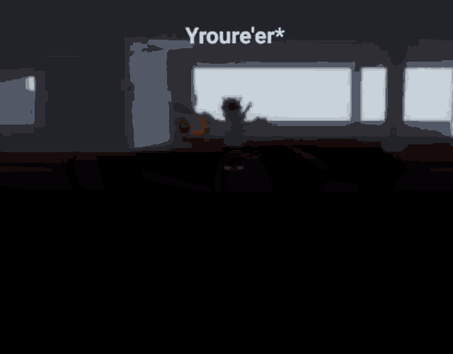 a cartoon character is standing in front of a window with the words yroue 'er * above him