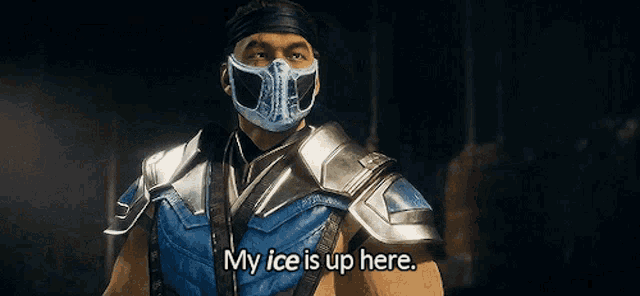 a man with a mask on his face says my ice is up here