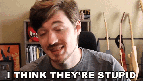 a man says " i think they 're stupid " in front of guitars