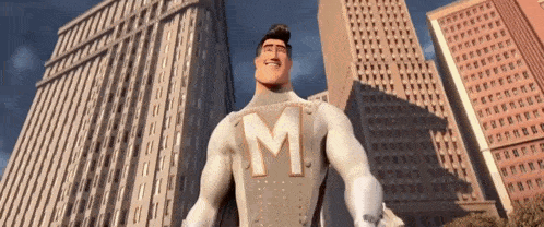 a man in a white superhero costume with the letter m on his chest