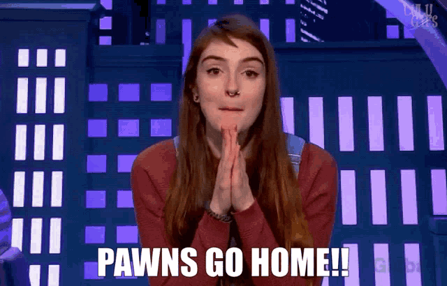 a woman praying with the words " pawns go home " written below her