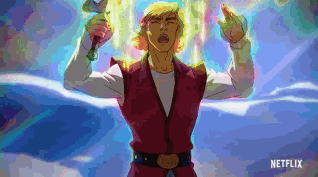 a cartoon of a man holding a sword with netflix written in the corner