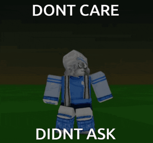 a cartoon character says " dont care didnt ask " in front of a dark background
