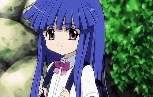 a girl with long blue hair and a pink bow tie