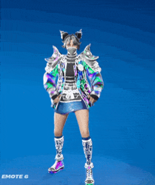 a woman in a colorful jacket is jumping in the air with the word emote 6 below her