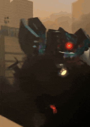 a blurred image of a robot with red lights on its eyes