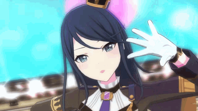 a girl with long black hair is wearing a crown and waving her hand .