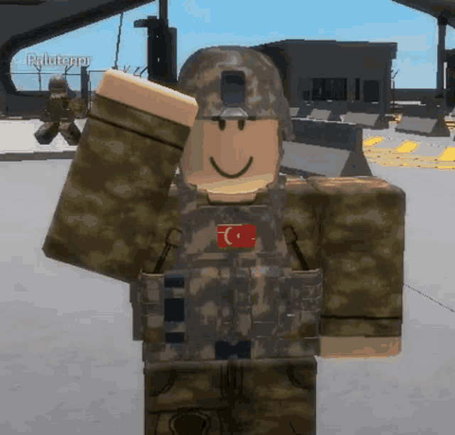 a soldier in a video game is smiling and wearing a helmet with a light on it