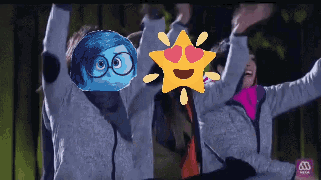 a group of people with their arms in the air and a star with a face on it with hearts