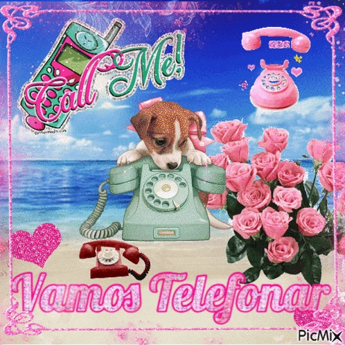 a picture of a puppy talking on a phone with the words vamos telefonar on the bottom
