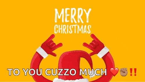 a christmas greeting card with santa making a rock sign