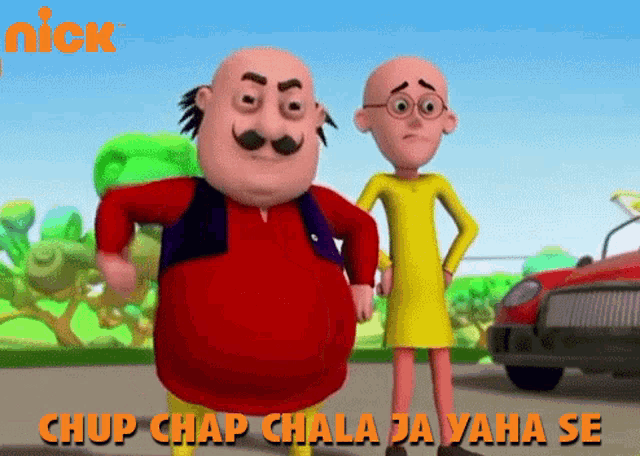 two cartoon characters are standing next to each other with the words chup chap ala pa yaha se written on the bottom