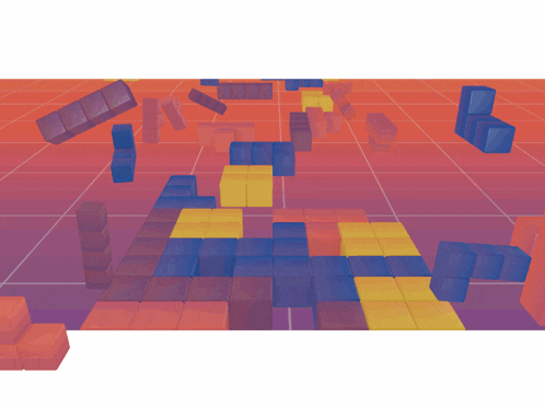 a bunch of blocks are floating in the air on a red background