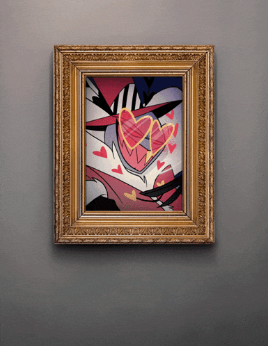 a framed picture of a cartoon character with hearts on his eyes