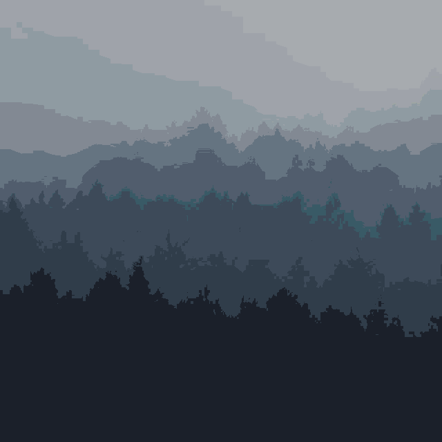 a foggy forest with trees silhouetted against a dark sky