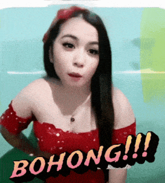 a woman in a red dress with the words bohong written on the bottom