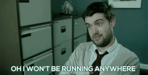 a man in a sweater and tie says oh i won t be running anywhere