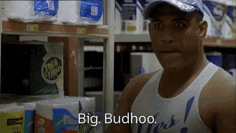 a man in a tank top is standing in front of a shelf of toilet paper rolls and says big budhoo