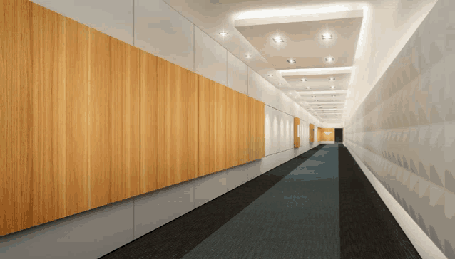 an artist 's impression of a long hallway with wood paneling
