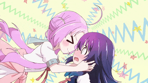 two anime girls are kissing with the words nice odeko catch written on the bottom