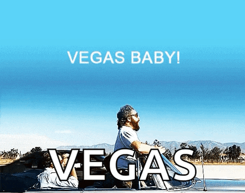 a poster for vegas baby shows a man riding a motorcycle in the back seat of a car