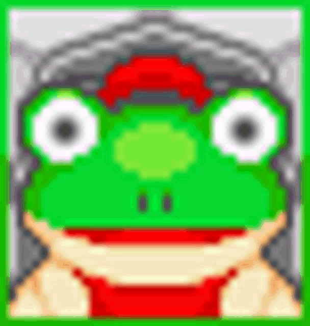 a pixel art of a frog wearing a red hat and headphones .