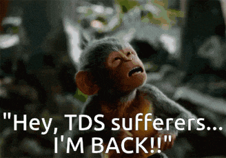 a monkey says " hey tds sufferers ... i 'm back !! "