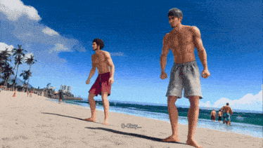 two shirtless men standing on a beach with the words okay on the bottom