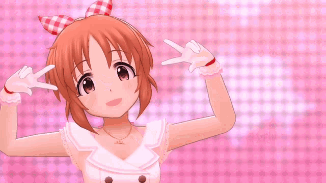 a girl with red hair is making a peace sign with her fingers