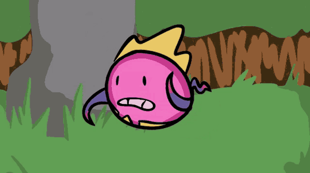 a cartoon drawing of a pink and purple monster with a long tail