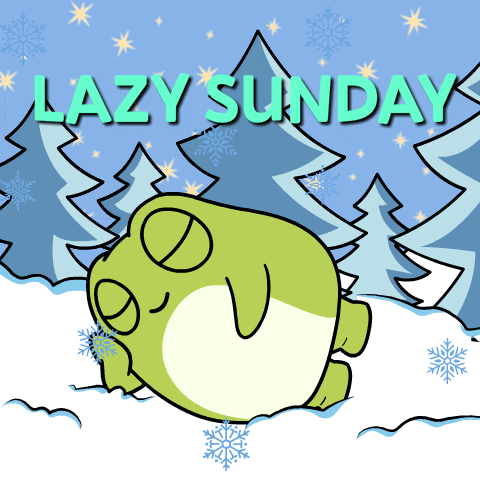a cartoon of a frog laying in the snow with the words lazy sunday below it