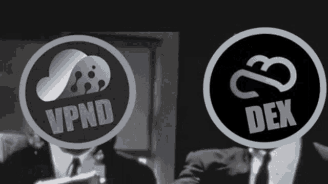 a man in a suit and tie stands in front of two logos for vpnd and dex