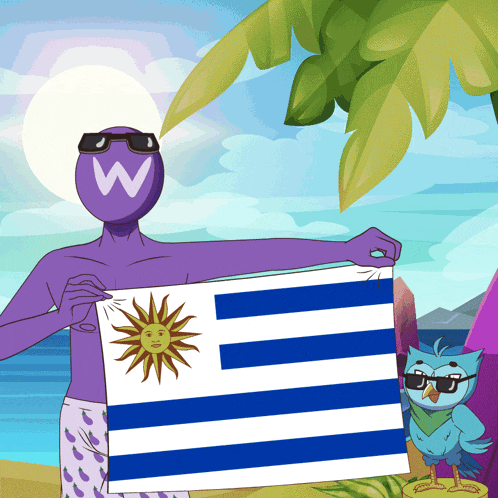 a cartoon character holding a flag with a sun on it