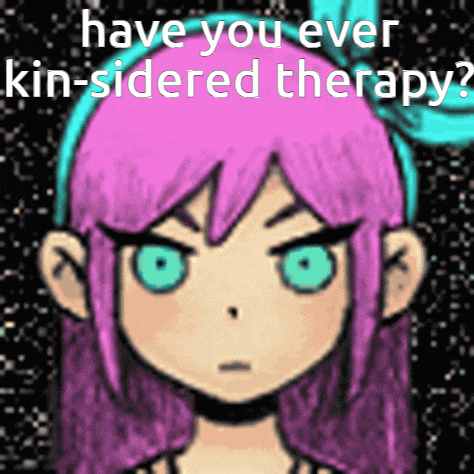 a cartoon of a girl with purple hair and blue eyes with the words have you ever kin-sided therapy